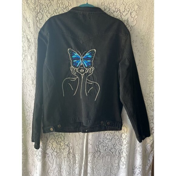 Embroidered Butterfly‎ Jean Jacket Black XL Oversized Denim Upcycled - Picture 7 of 7
